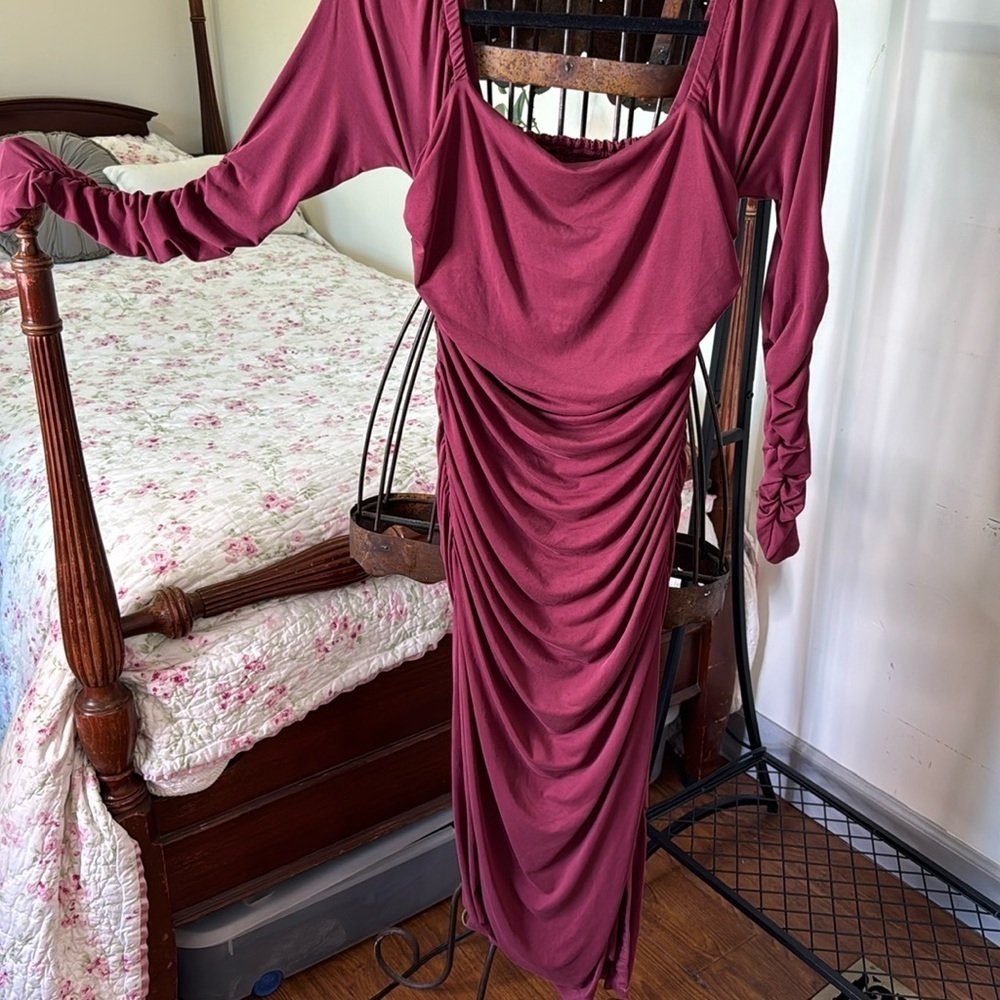 Anthropologie Ruched Sides Square Neck Smocked Back Dress Burgundy Size Small